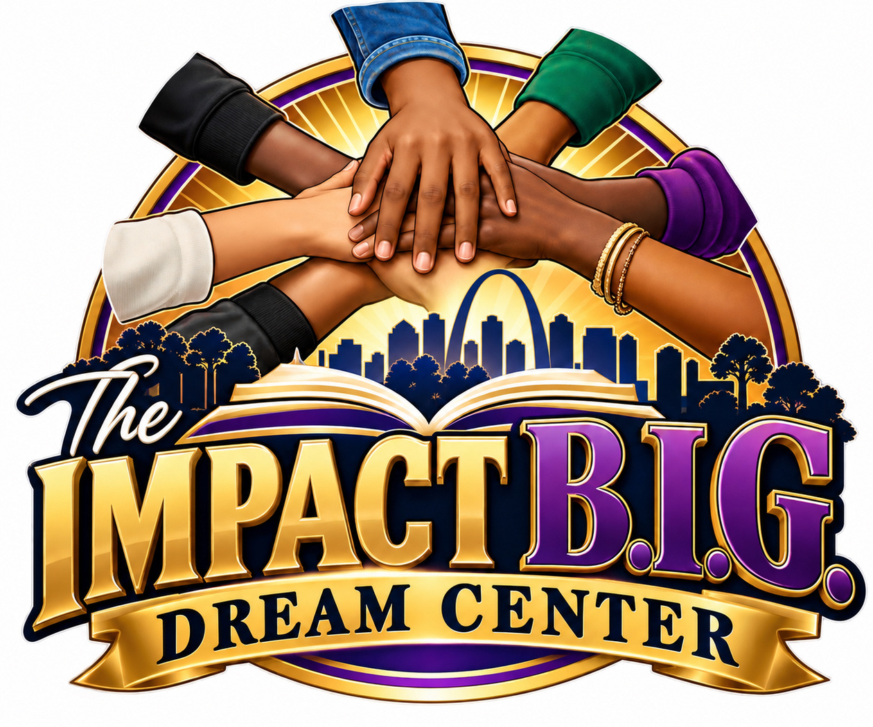 The Impact B.I.G. Dream Center logo: joined hands above an open book and skyline
